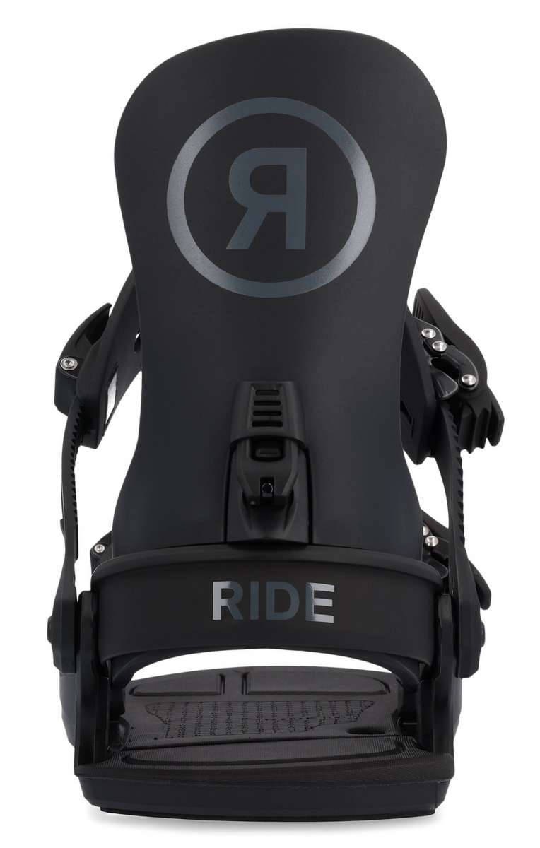 Ride Ladies CL-4 Snowboard Binding 2022-2023 - A black snowboard binding with a circular logo featuring a stylized "R" in gray, centered on top of the boot.