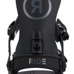 Ride Ladies CL-4 Snowboard Binding 2022-2023 - A black snowboard binding with a circular logo featuring a stylized "R" in gray, centered on top of the boot.