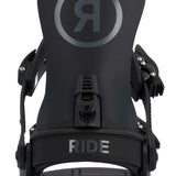 Ride Ladies CL-4 Snowboard Binding 2022-2023 - A black snowboard binding with a circular logo featuring a stylized "R" in gray, centered on top of the boot.