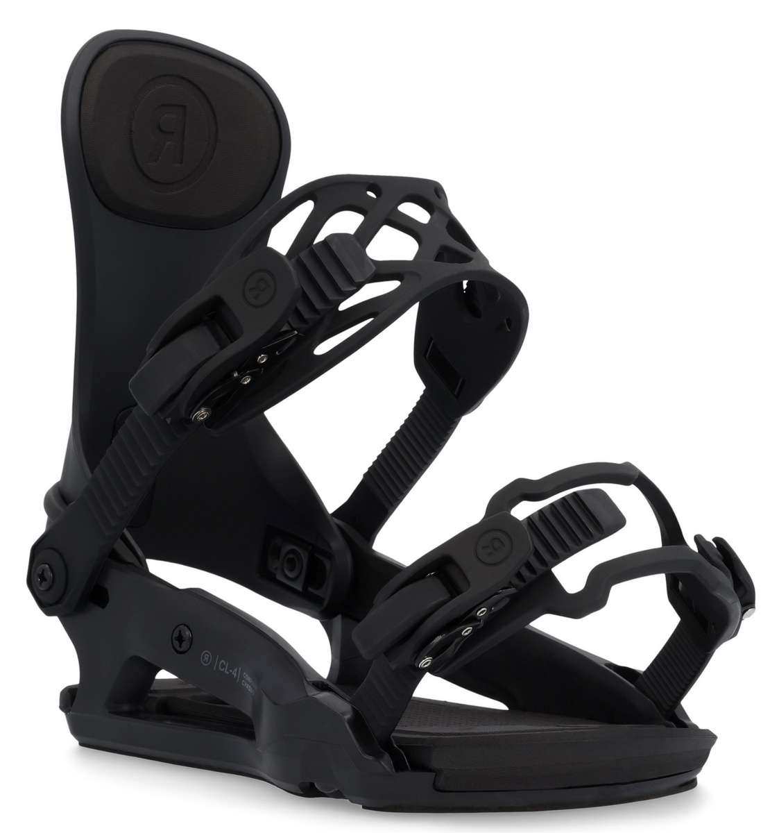 Ride Ladies CL-4 Snowboard Binding 2022-2023 - A black snowboard binding with a circular logo on top of the strap.