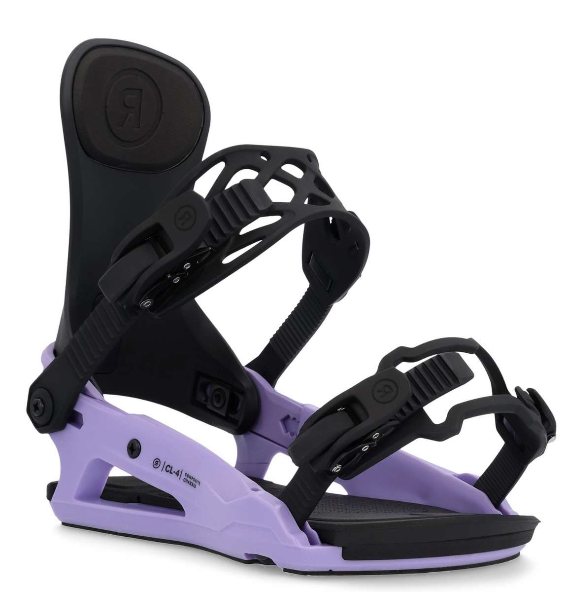 Ride Ladies CL-4 Snowboard Binding 2022-2023 - A black and purple snowboard binding with a distinctive logo on the strap.
