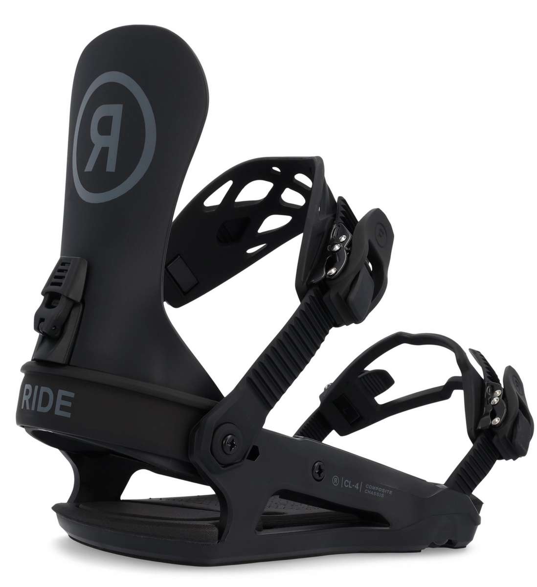 Ride Ladies CL-4 Snowboard Binding 2022-2023 - A black snowboard binding with a circular logo featuring a stylized "R" in gray on top of it.