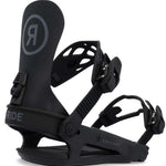 Ride Ladies CL-4 Snowboard Binding 2022-2023 - A black snowboard binding with a circular logo featuring a stylized "R" in gray on top of it.