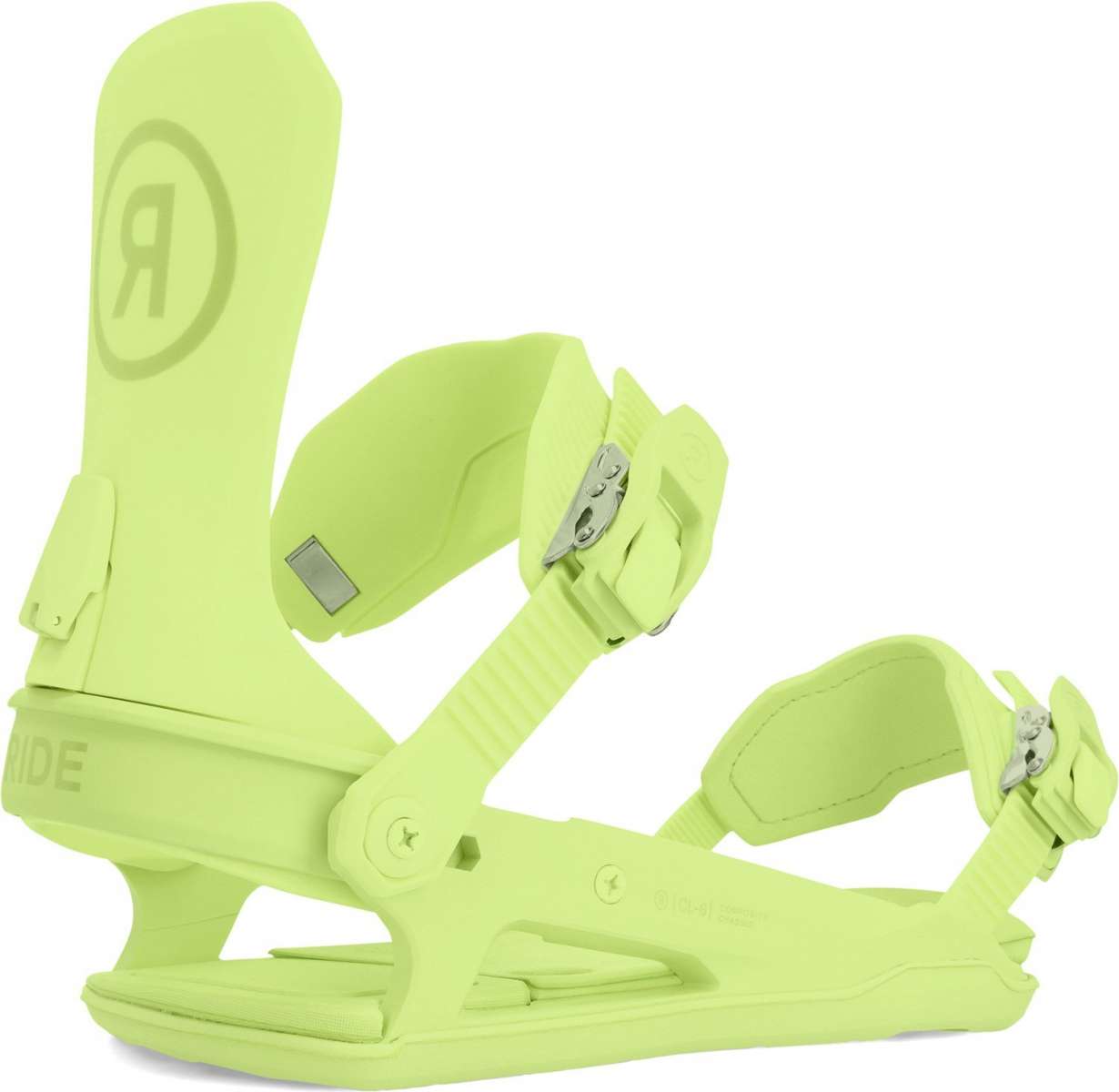 Ride Women's CL-6 Snowboard Bindings - A pair of lime green snowboard bindings with a circular logo on the top strap and silver buckles.