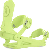 Ride Women's CL-6 Snowboard Bindings - A pair of lime green snowboard bindings with a circular logo on the top strap and silver buckles.