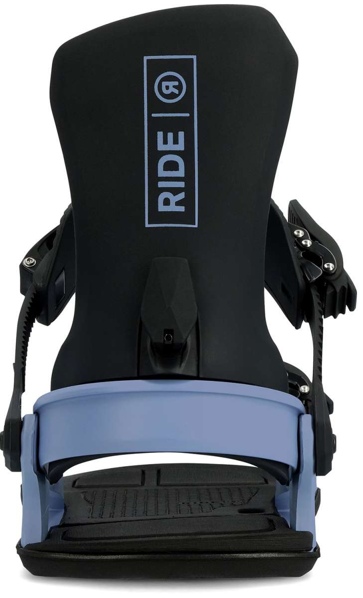 Ride Women's CL-6 Snowboard Bindings 2024 - A pair of black bindings with silver screws and a rectangular logo on top that says "RIDE" in white letters.