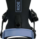 Ride Women's CL-6 Snowboard Bindings 2024 - A pair of black bindings with silver screws and a rectangular logo on top that says "RIDE" in white letters.