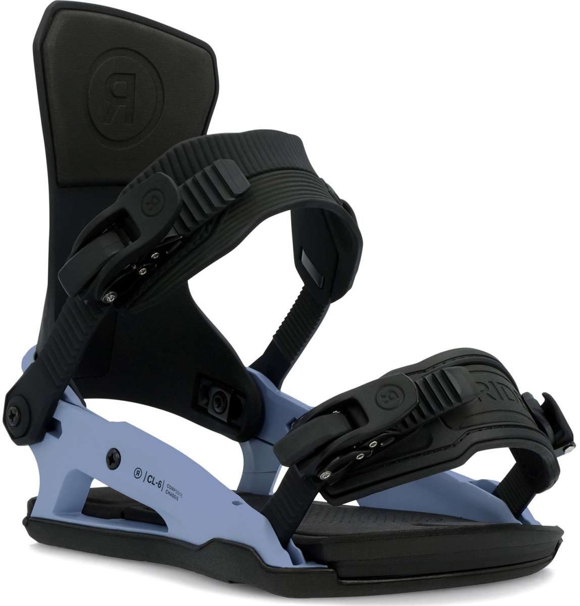 Ride Women's CL-6 Snowboard Bindings 2024 - Black bindings with silver buckles and screws on a white background.