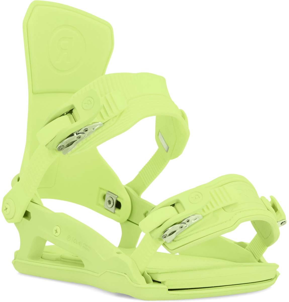 Ride Women's CL-6 Snowboard Bindings 2024 - A pair of lime green snowboard bindings with silver buckles and straps.