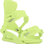 Ride Women's CL-6 Snowboard Bindings 2024 - A pair of lime green snowboard bindings with silver buckles and straps.
