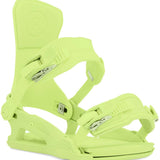 Ride Women's CL-6 Snowboard Bindings 2024 - A pair of lime green snowboard bindings with silver buckles and straps.