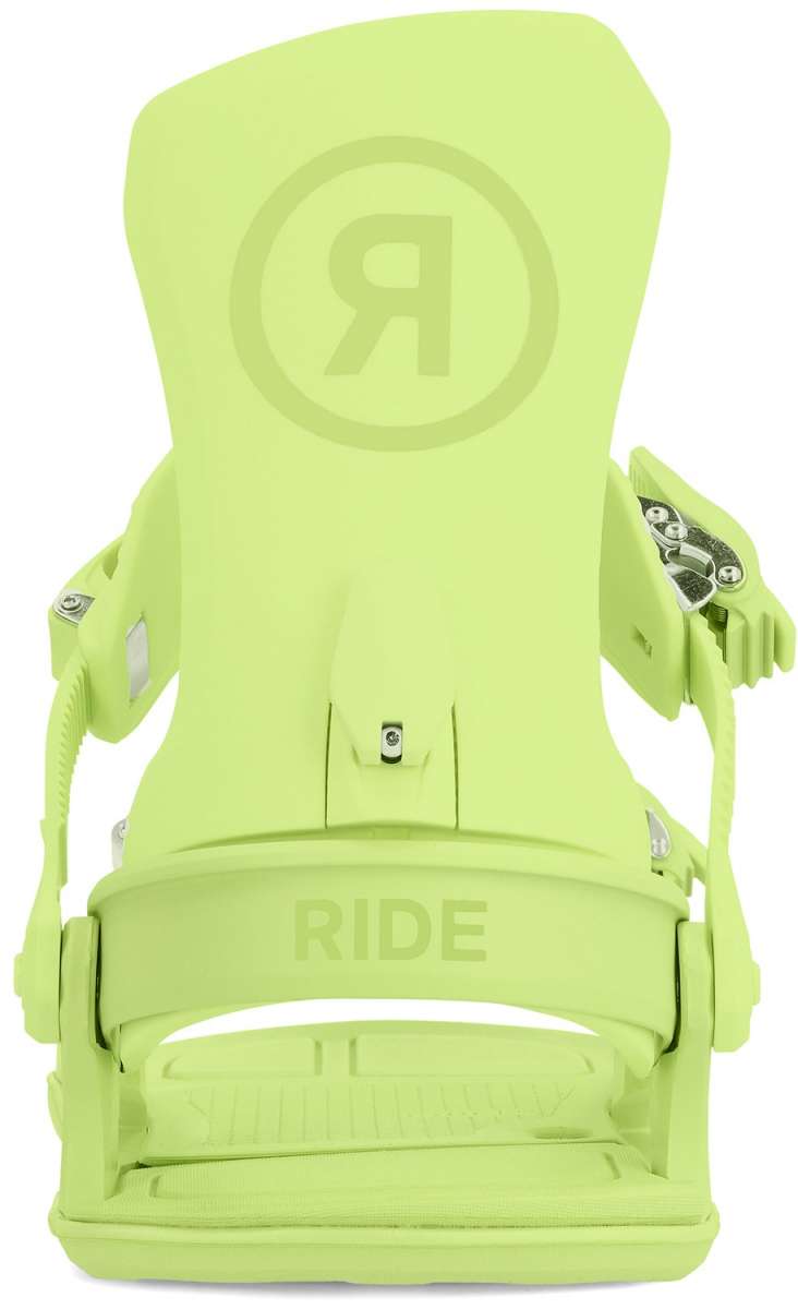 Ride Women's CL-6 Snowboard Bindings - A pair of lime green snowboard bindings with a circular logo featuring a stylized "R" in the center, prominently displayed on top of one binding.