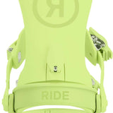 Ride Women's CL-6 Snowboard Bindings - A pair of lime green snowboard bindings with a circular logo featuring a stylized "R" in the center, prominently displayed on top of one binding.
