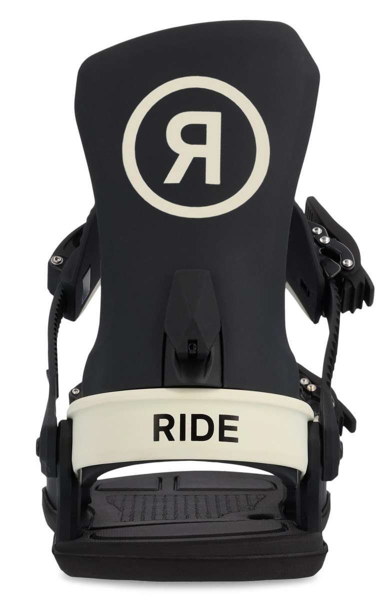 Ride Women's CL-6 Snowboard Binding 2023 - A black snowboard binding with a white "R" logo in a circle on top, and a cream-colored band at the bottom that says "RIDE".