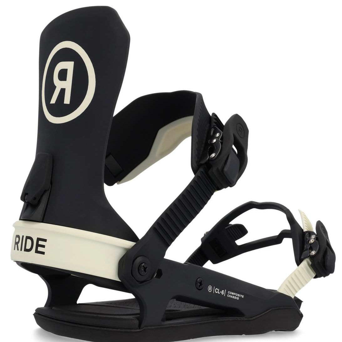 Ride Women's CL-6 Snowboard Binding 2023 - A black and white snowboard binding with a circular logo featuring a stylized "R" in the center, on the top of the left boot strap.