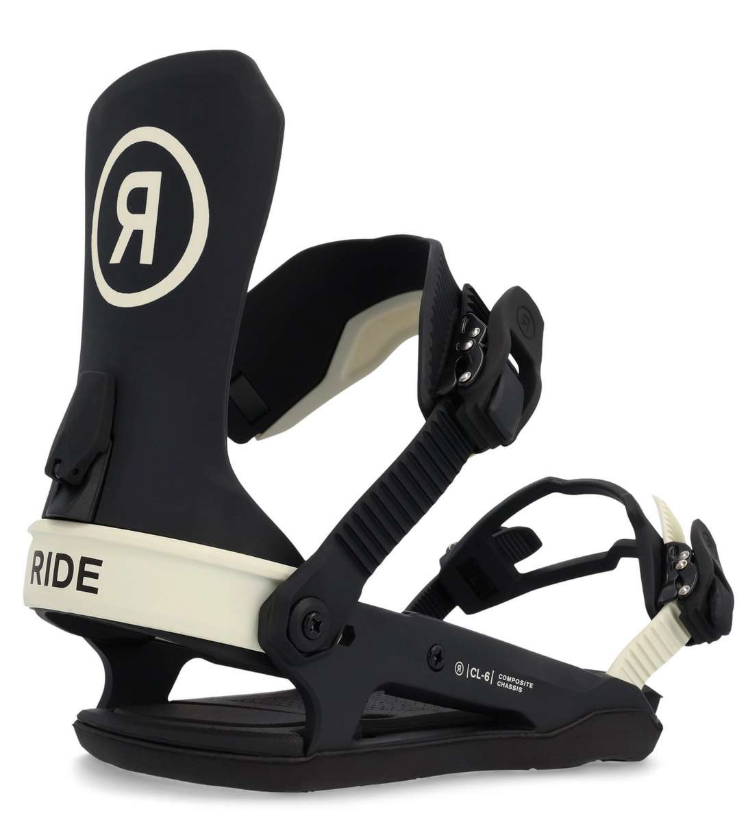 Ride Women's CL-6 Snowboard Binding 2023 - A black and white snowboard binding with a circular logo featuring a stylized "R" in the center, on the top of the left boot strap.