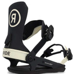 Ride Women's CL-6 Snowboard Binding 2023 - A black and white snowboard binding with a circular logo featuring a stylized "R" in the center, on the top of the left boot strap.