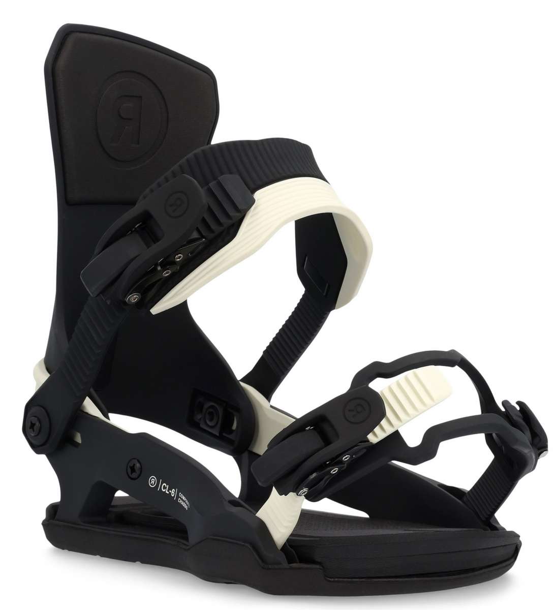 Ride Women's CL-6 Snowboard Binding 2023 - Black snowboard binding with white accents and a black strap.