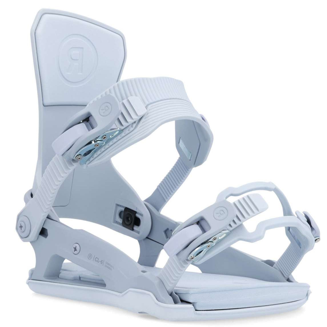 Ride Women's CL-6 Snowboard Binding 2023 - A light gray snowboard binding with a black strap and silver buckles.