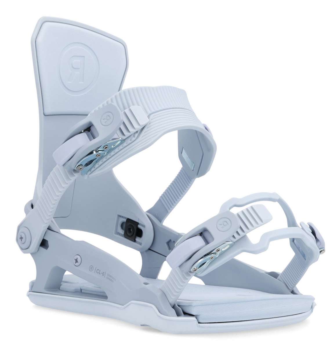 Ride Women's CL-6 Snowboard Binding 2023 - A light gray snowboard binding with a black strap and silver buckles.