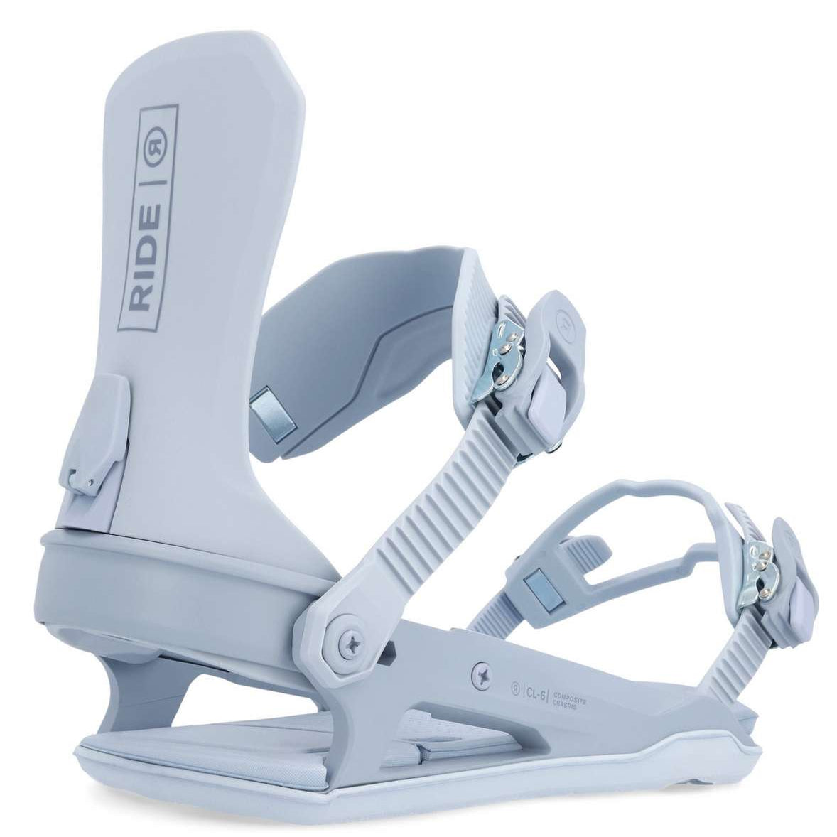 Ride Women's CL-6 Snowboard Binding 2023 - A light gray snowboard binding with a rectangular logo on the strap and a small silver screw visible on the baseplate.
