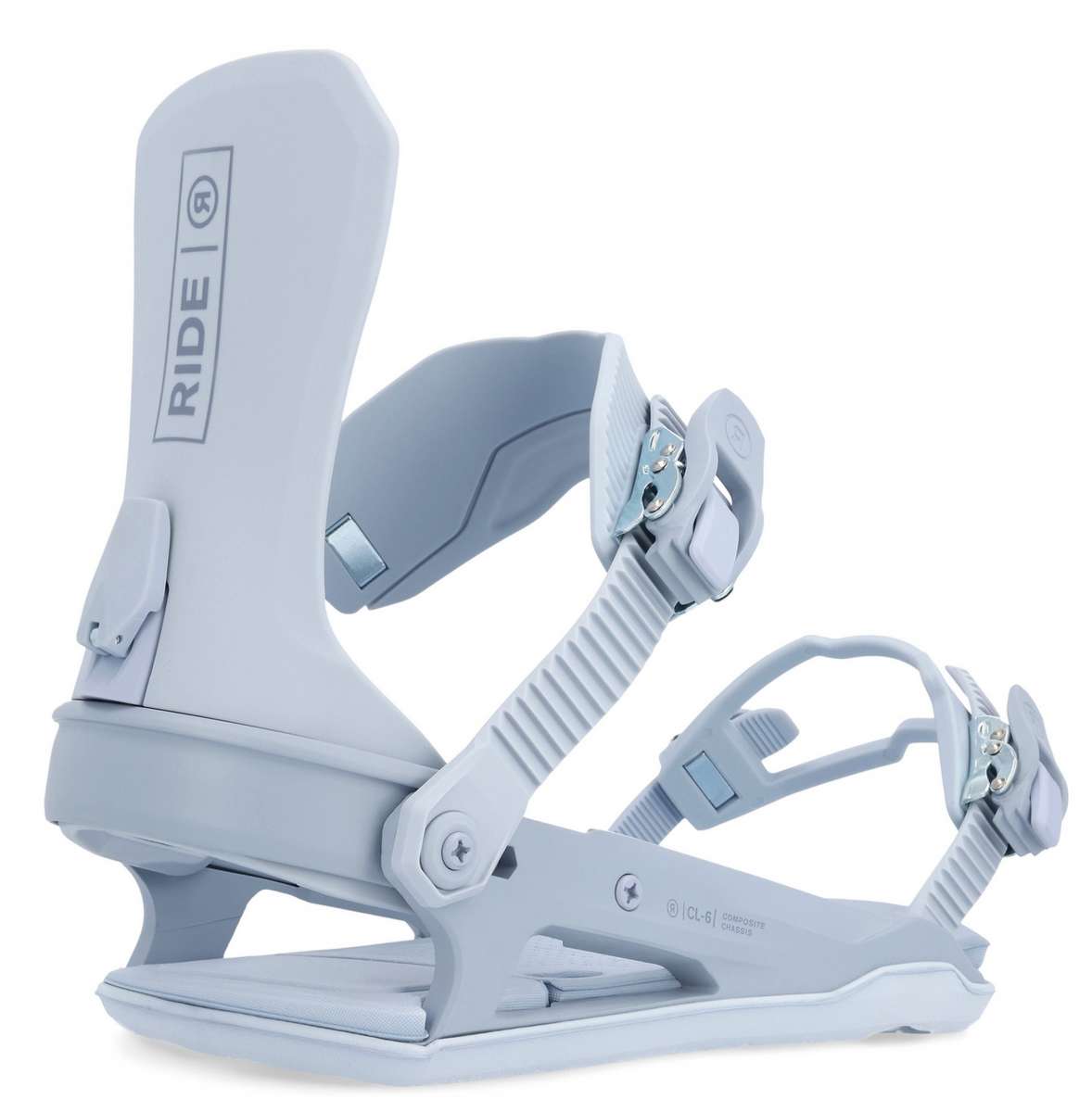 Ride Women's CL-6 Snowboard Binding 2023 - A light gray snowboard binding with a rectangular logo on the strap and a small silver screw visible on the baseplate.