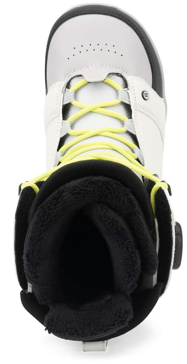Ride Ladies Context Snowboard Boot 2022 - A white snowboard boot with a black strap and neon yellow laces.
