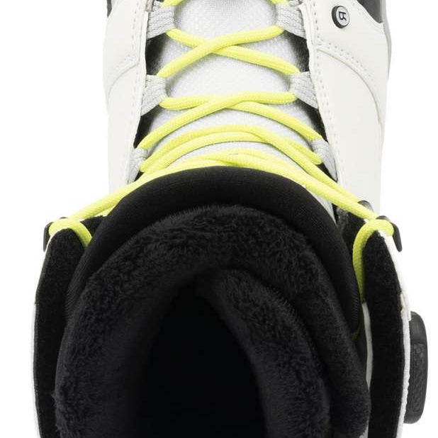 Ride Ladies Context Snowboard Boot 2022 - A white snowboard boot with a black strap and neon yellow laces.