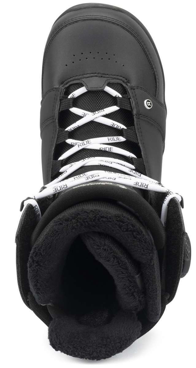Ride Ladies Context Snowboard Boot 2022 - Black snowboard boot with white laces and a black strap on top.