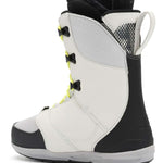 Ride Ladies Context Snowboard Boot 2022 - A white snowboard boot with black accents and yellow laces, featuring a textured pattern on the side.