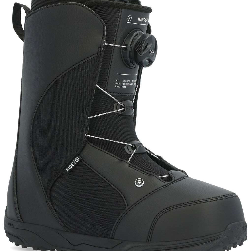 Ride Women's Harper Snowboard Boots 2024 - Black snowboard boots with white stitching and a black strap on the side.