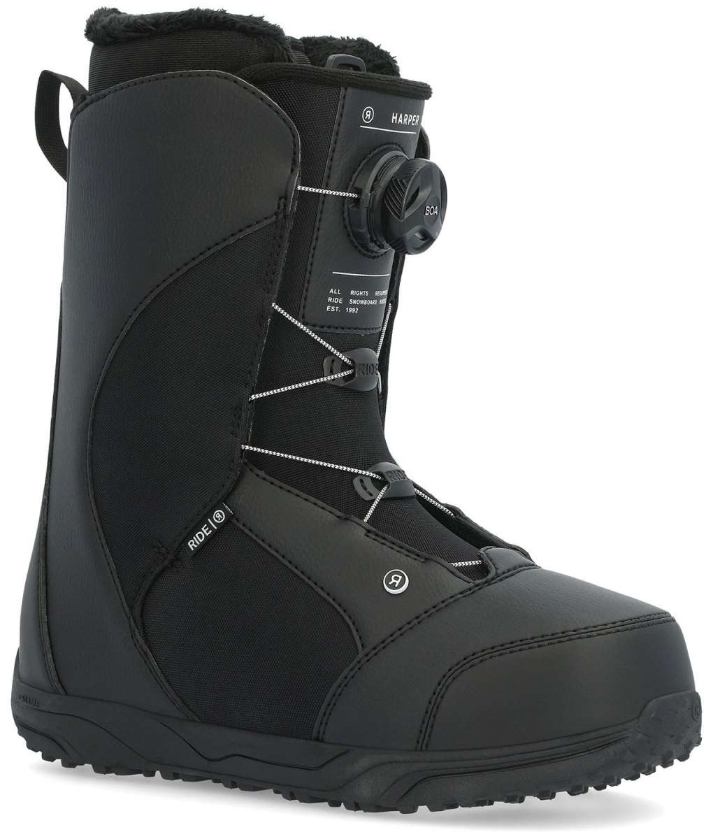 Ride Women's Harper Snowboard Boots 2024 - Black snowboard boots with white stitching and a black strap on the side.