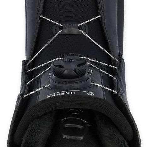 Ride Women's Harper Snowboard Boots 2024 - Black snowboard boots with white stitching and a black strap on top.