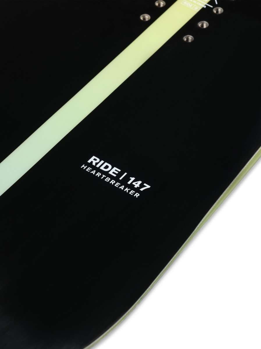 Ride Women's Heartbreaker Snowboard 2024 - A black snowboard with a light green stripe down the middle and silver screws along the top edge.