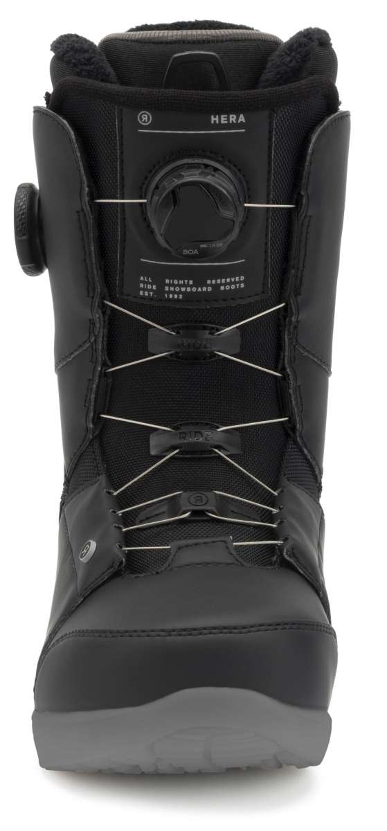 Ride Women's Hera Pro Snowboard Boot 2022 - Black snowboard boot with a round, black dial on the side and white stitching.