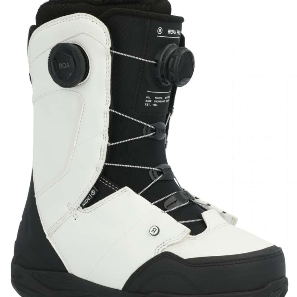 Ride Women's Hera Pro Snowboard Boot 2024 - Black snowboard boot with white accents and a black BOA dial on the side.