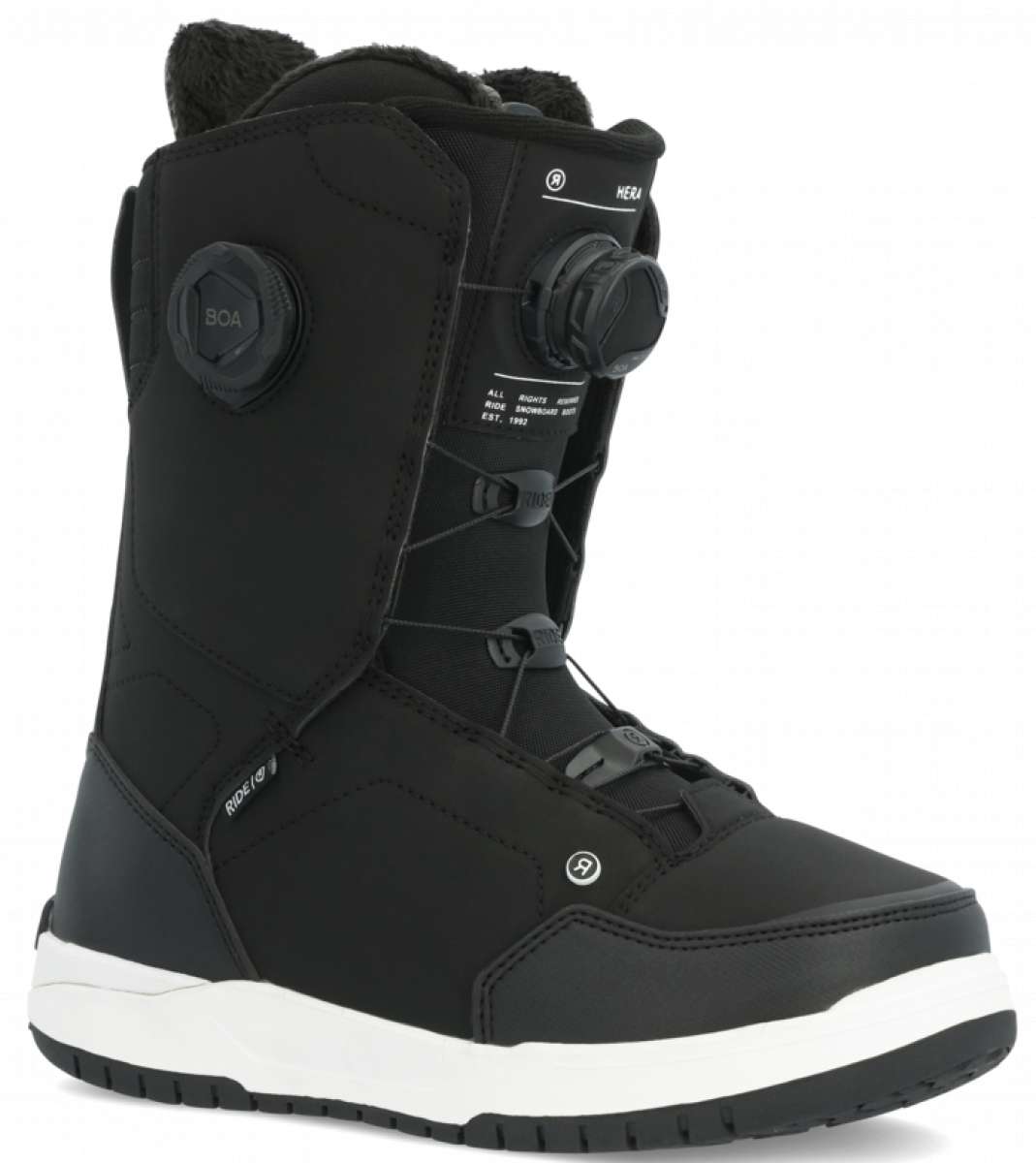 Ride Women's Hera Snowboard Boot 2024 - Black snowboard boot with a textured pattern on the side and a white logo near the toe.