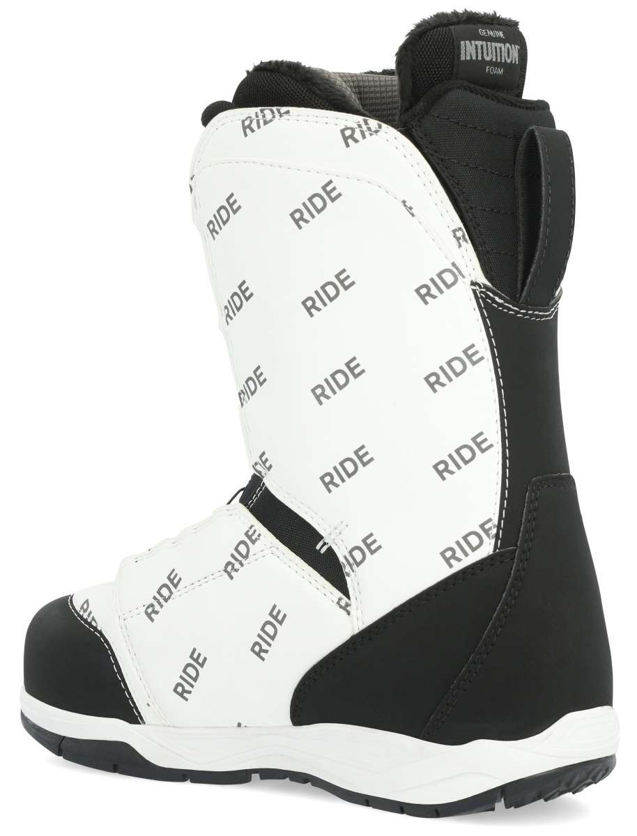 Ride Women's Karmyn Zonal Snowboard Boots 2024 - Black snowboard boots with a white logo on the side and a black strap across the top.