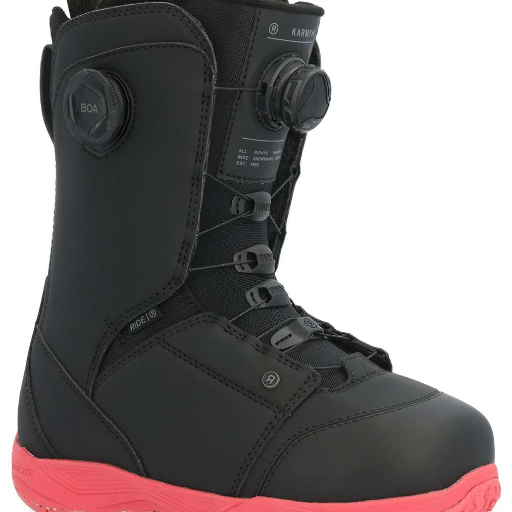Ride Women's Karmyn Zonal Snowboard Boots 2024 - Black snowboard boots with a textured pattern on the toe and heel areas.