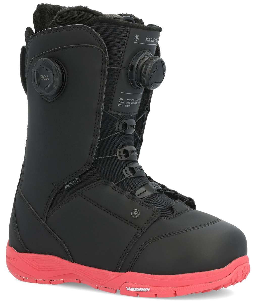 Ride Women's Karmyn Zonal Snowboard Boots 2024 - Black snowboard boots with a textured pattern on the toe and heel areas.