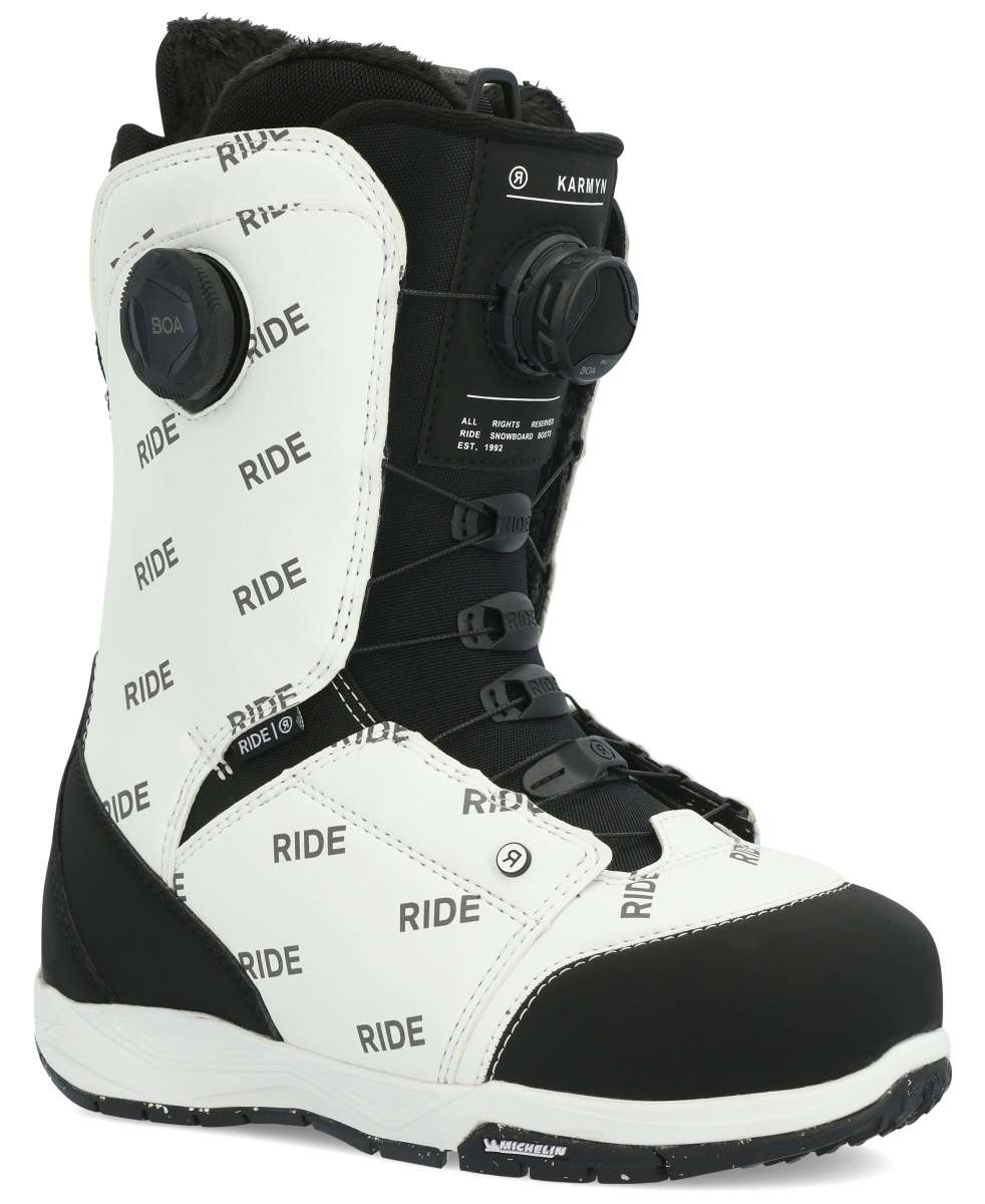 Ride Women's Karmyn Zonal Snowboard Boots 2024 - Black snowboard boots with a white logo on the side and black laces.