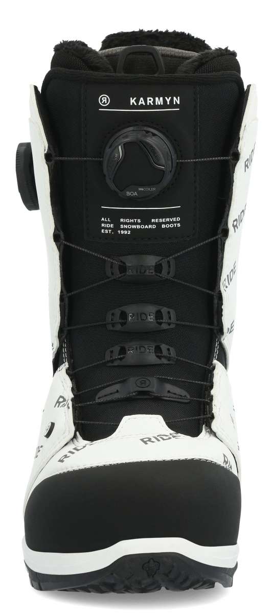 Ride Women's Karmyn Zonal Snowboard Boots 2024 - Black snowboard boots with white accents and a black BOA dial on top.