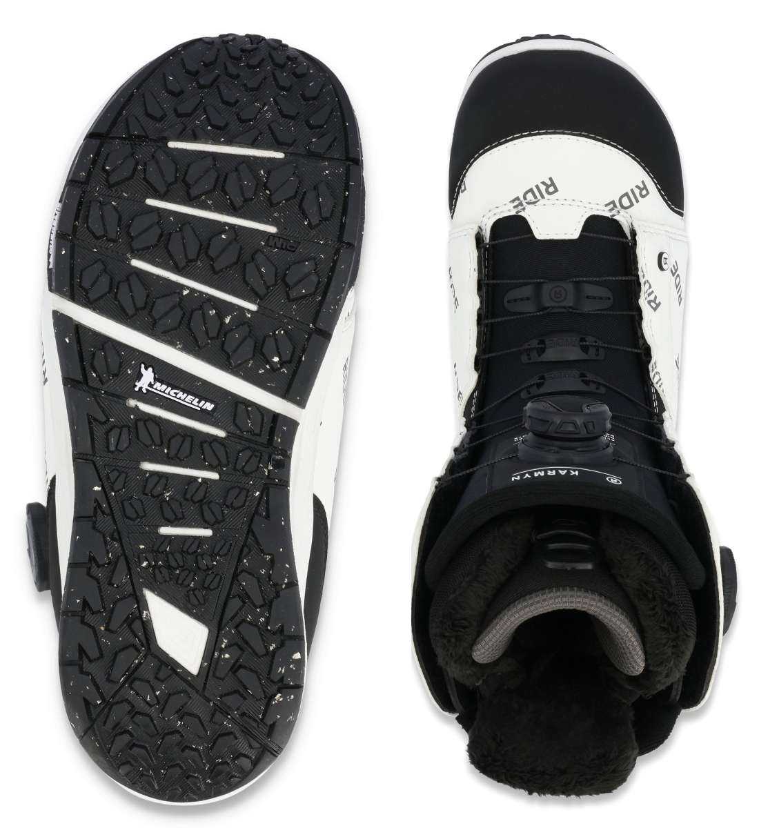 Ride Women's Karmyn Zonal Snowboard Boots 2024 - Black boots with white accents and a textured sole.