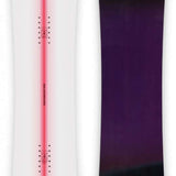 Ride Women's Magic Stick Snowboard 2024 - White snowboard with a red stripe down the middle and black bindings.