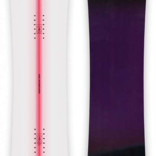 Ride Women's Magic Stick Snowboard 2024 - White snowboard with a red stripe down the middle and black bindings.