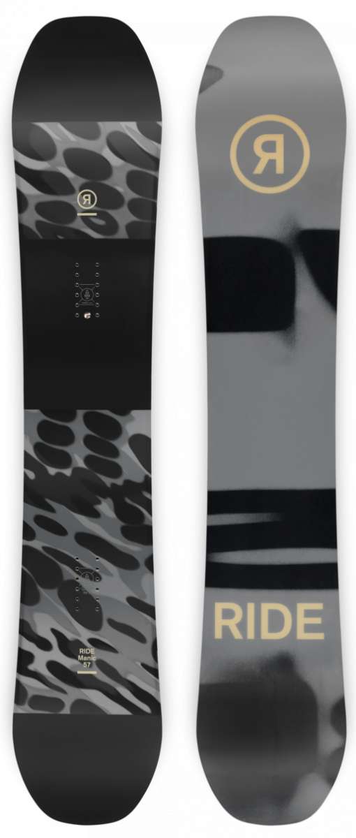Ride Manic - Snowboard with a black base color and white abstract pattern on top.