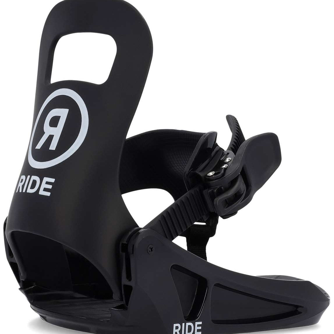 Ride Junior's Micro Snowboard Binding 2024 - A black snowboard binding with a white logo featuring a stylized "R" inside a circle, on the side of the left boot strap.