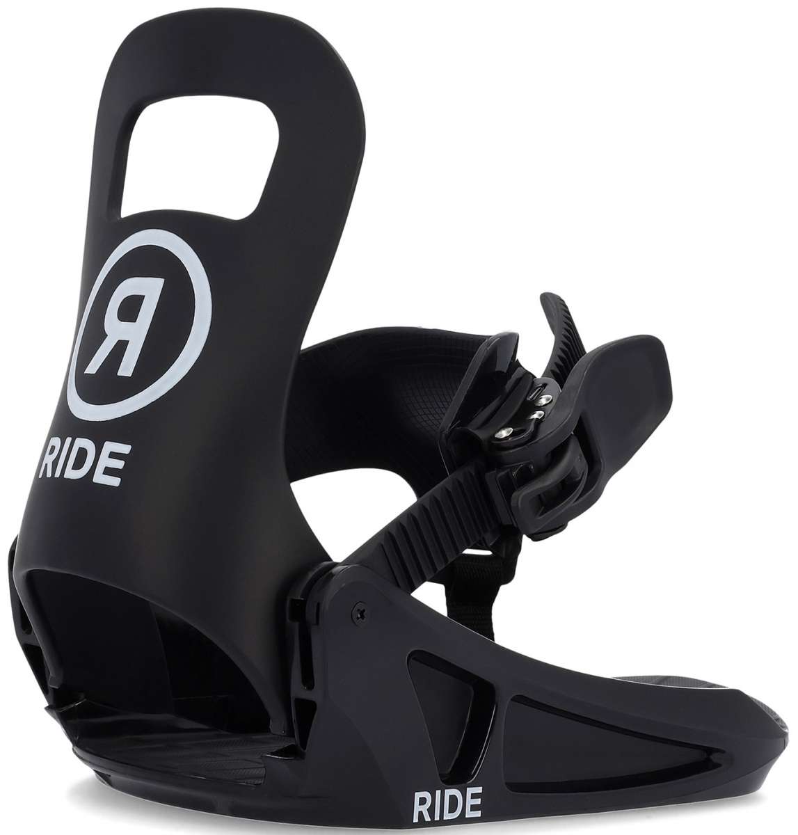Ride Junior's Micro Snowboard Binding 2024 - A black snowboard binding with a white logo featuring a stylized "R" inside a circle, on the side of the left boot strap.