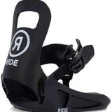 Ride Junior's Micro Snowboard Binding 2024 - A black snowboard binding with a white logo featuring a stylized "R" inside a circle, on the side of the left boot strap.