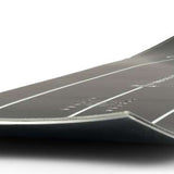 Ride Peace Seeker Snowboard 2023 - A black snowboard with white stripes and a rounded tip, lying on its side.